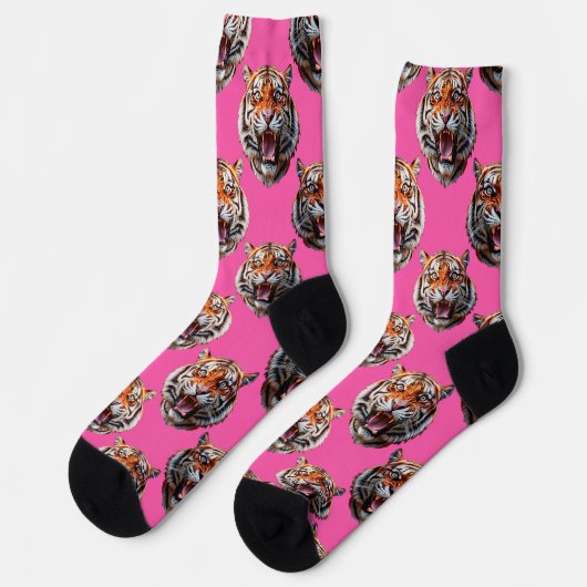Tiger Head Pattern Design Pink ソックス (左)