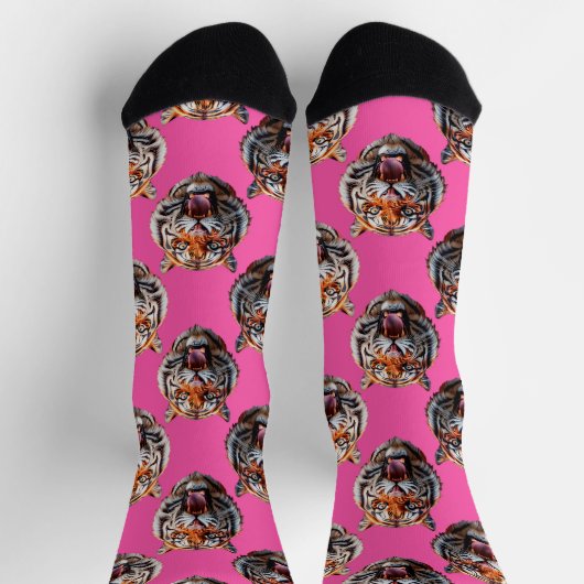 Tiger Head Pattern Design Pink ソックス (上部)