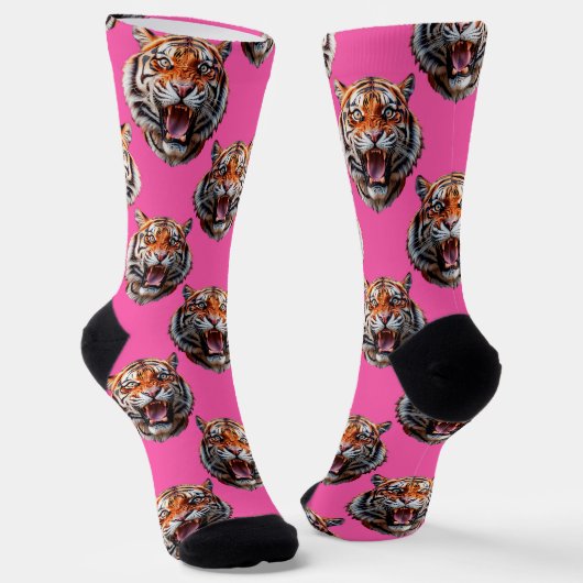 Tiger Head Pattern Design Pink ソックス (傾斜あり)