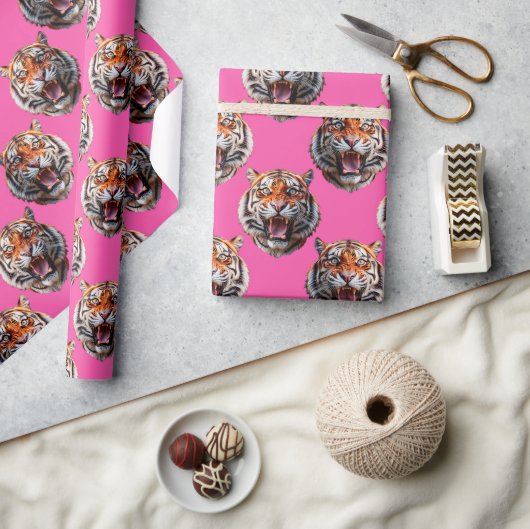 Tiger Head Pattern Design Pink ラッピングペーパー (クラフト)