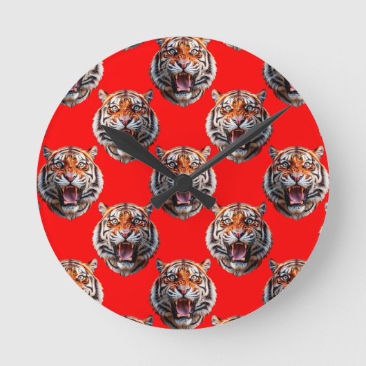 Tiger Head Pattern Design Red ラウンド壁時計 (正面)