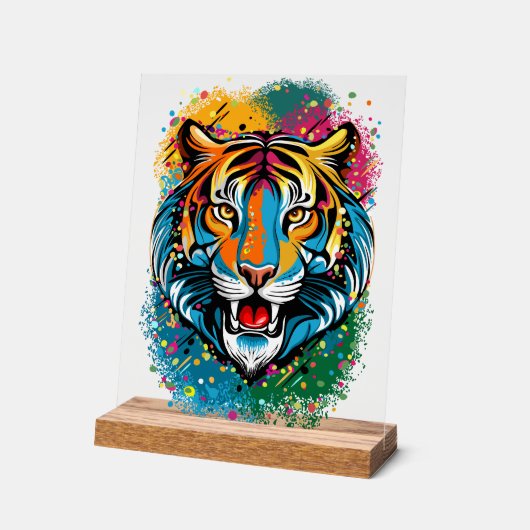 Tiger Head Rainbow colors paint stains アクリルサイン (傾斜)