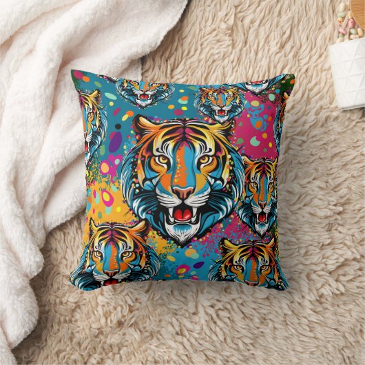Tiger Head Rainbow colors paint stains クッション (ブランケット)