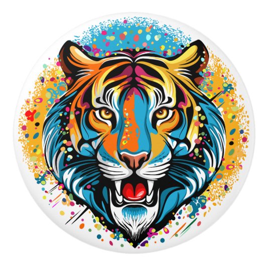 Tiger Head Rainbow colors paint stains セラミックノブ (正面)