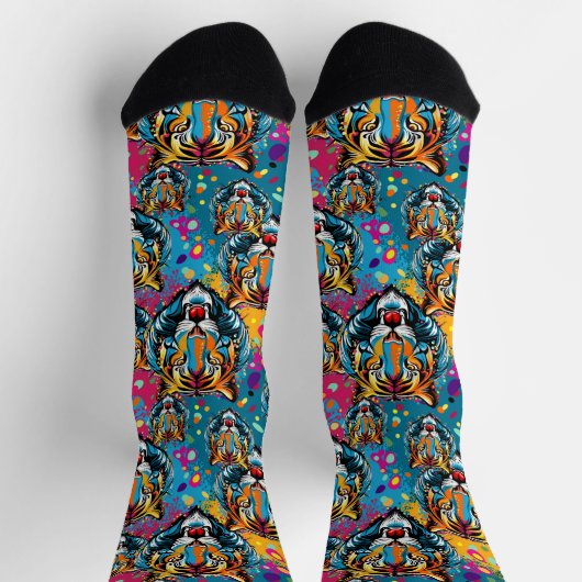 Tiger Head Rainbow colors paint stains ソックス (上部)