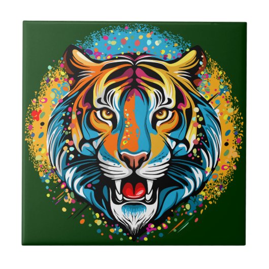 Tiger Head Rainbow colors paint stains タイル (正面)