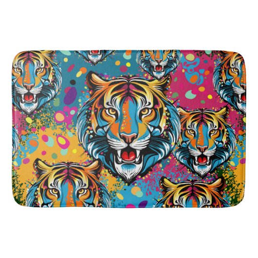 Tiger Head Rainbow colors paint stains バスマット (正面)