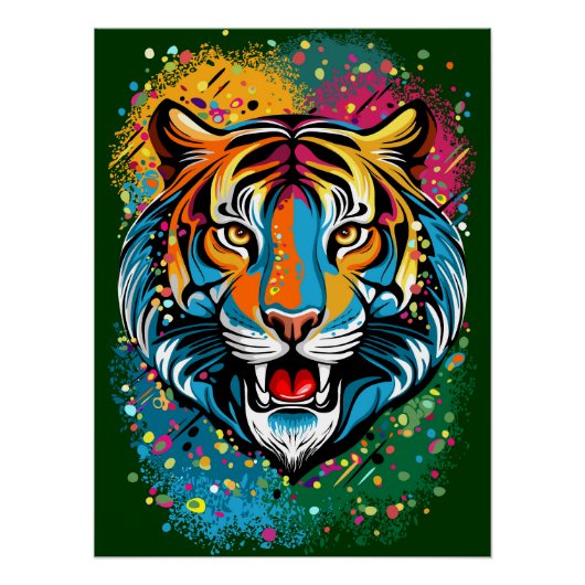 Tiger Head Rainbow colors paint stains ポスター (正面)