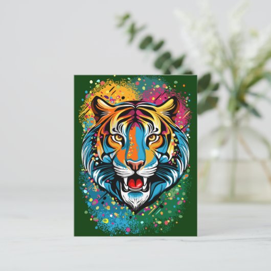 Tiger Head Rainbow colors paint stains ポストカード (スタンド正面)