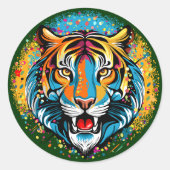Tiger Head Rainbow colors paint stains ラウンドシール (正面)