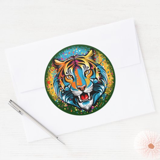 Tiger Head Rainbow colors paint stains ラウンドシール (封筒)