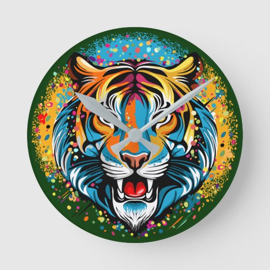 Tiger Head Rainbow colors paint stains ラウンド壁時計 (正面)