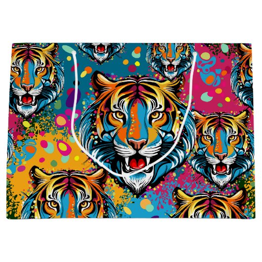 Tiger Head Rainbow colors paint stains ラージペーパーバッグ (正面)