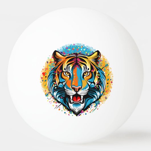 Tiger Head Rainbow colors paint stains 卓球ボール (正面)