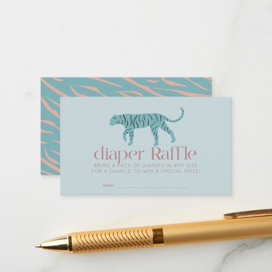 Tiger Modern Blue Baby Shower Diaper Raffle Ticket エンクロージャーカード (正面/裏面インサイチュ)