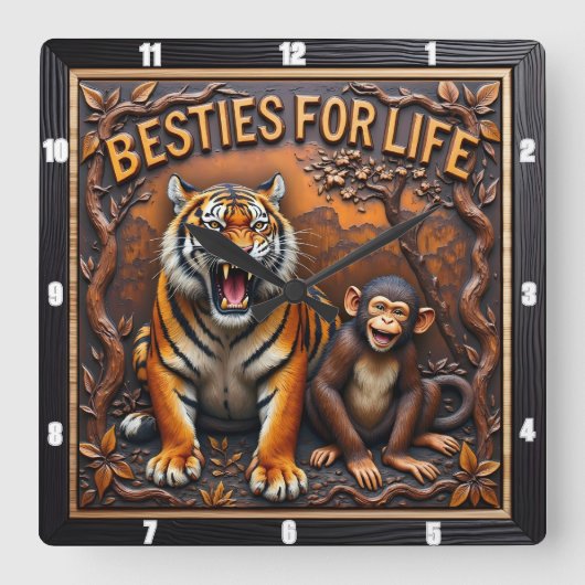 Tiger Monkey Besties Jungle スクエア壁時計 (正面)