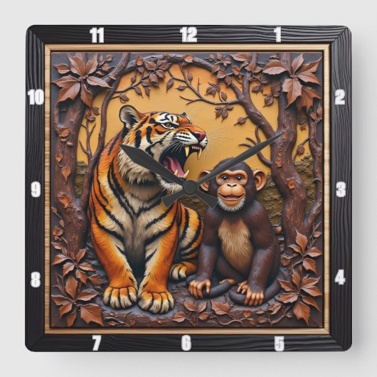Tiger Monkey Jungle Carved スクエア壁時計 (正面)
