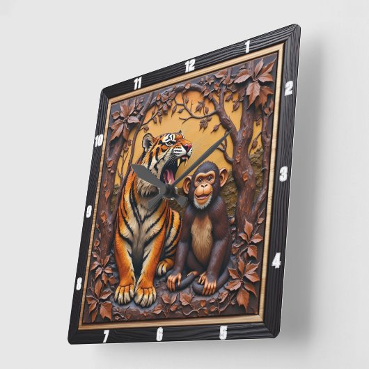 Tiger Monkey Jungle Carved スクエア壁時計 (傾斜)