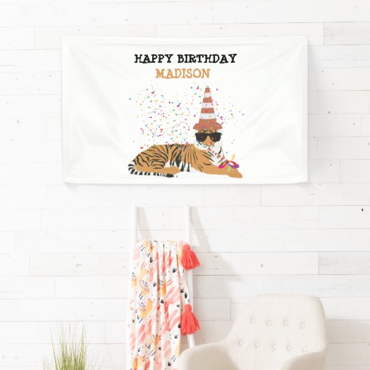 Tiger Partying – 動物のパーティー誕生日 横断幕 (インサイチュ)