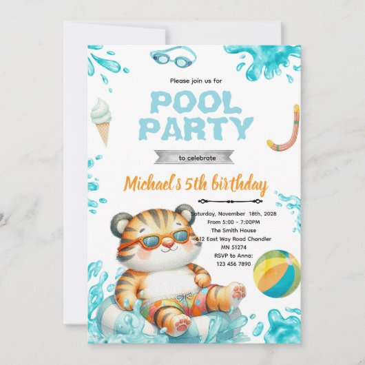 Tiger Pool Party Birthday Invitation 招待状 (正面)