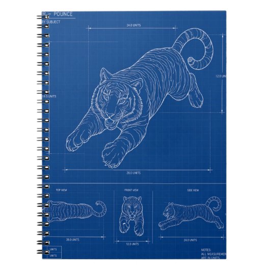 Tiger Pounce Blueprint – Technical Line Art Poster ノートブック (正面)