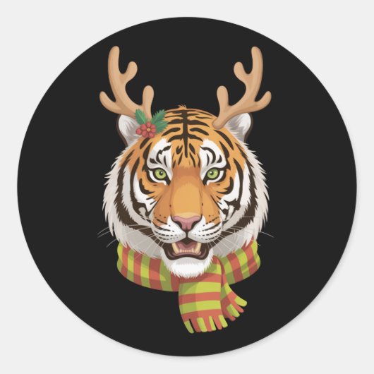 Tiger Reindeer Christmas Animal With Antlers Xmas ラウンドシール (正面)