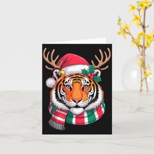 Tiger Reindeer Christmas Santa Hat Tiger Xmas  カード (黄色い花)