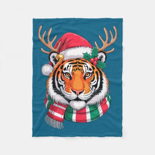Tiger Reindeer Christmas Santa Hat Tiger Xmas  フリースブランケット (正面)