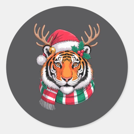 Tiger Reindeer Christmas Santa Hat Tiger Xmas  ラウンドシール (正面)