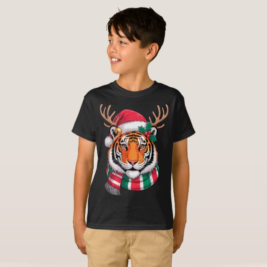 Tiger Reindeer Christmas Santa Hat Tiger Xmas Tシャツ (正面フル)