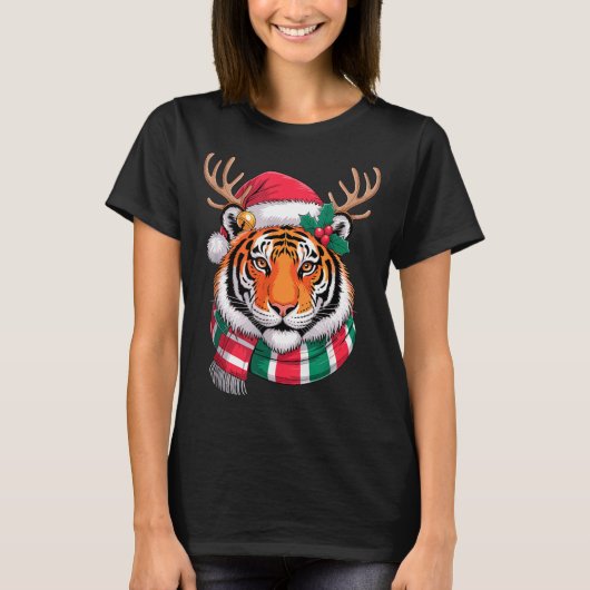 Tiger Reindeer Christmas Santa Hat Tiger Xmas  Tシャツ (正面)