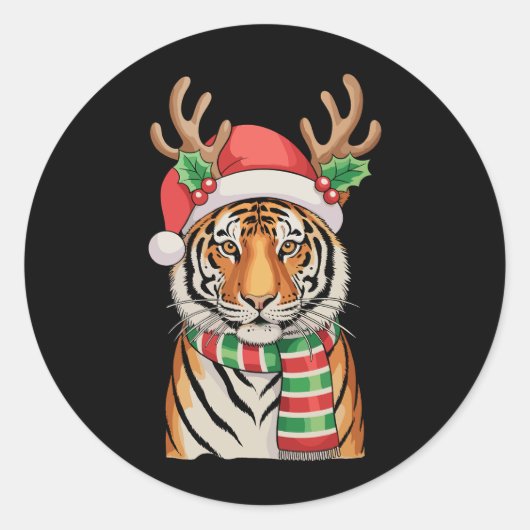 Tiger Reindeer Santa Hat Christmas Xmas Holiday ラウンドシール (正面)
