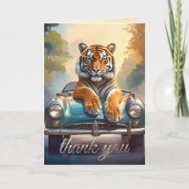 Tiger sitting on a sports car  サンキューカード