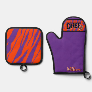 Tiger Stripe Purple Orange Football Design 鍋つかみ&鍋敷きセット
