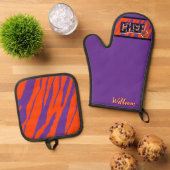 Tiger Stripe Purple Orange Football Design 鍋つかみ&鍋敷きセット (トップダウン)