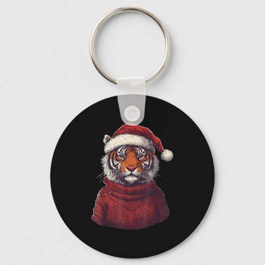 Tiger Ugly Sweater Santa Hat Christmas  キーホルダー (正面)