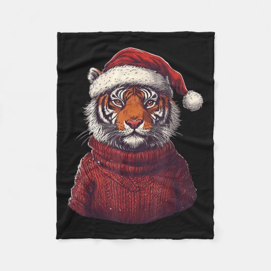 Tiger Ugly Sweater Santa Hat Christmas  フリースブランケット (正面)