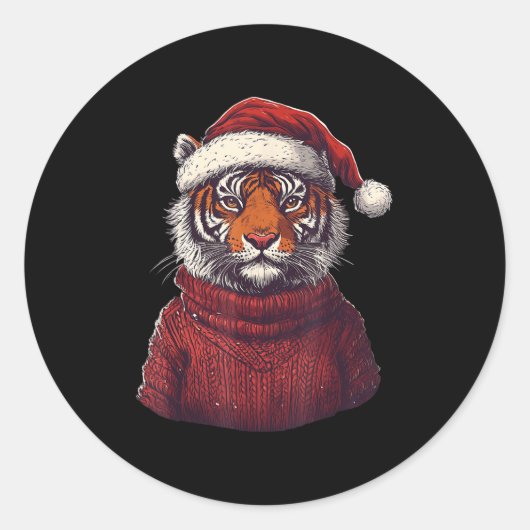 Tiger Ugly Sweater Santa Hat Christmas  ラウンドシール (正面)