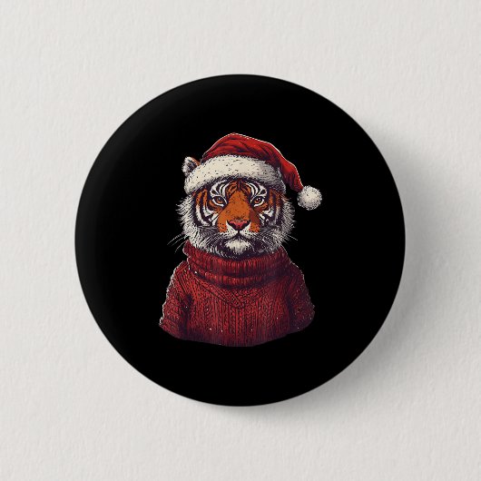 Tiger Ugly Sweater Santa Hat Christmas  缶バッジ (正面)