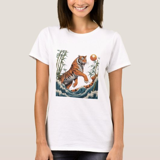 Tiger Wave Art - Ukiyo-e Bamboo Sunset Design Tシャツ (正面)