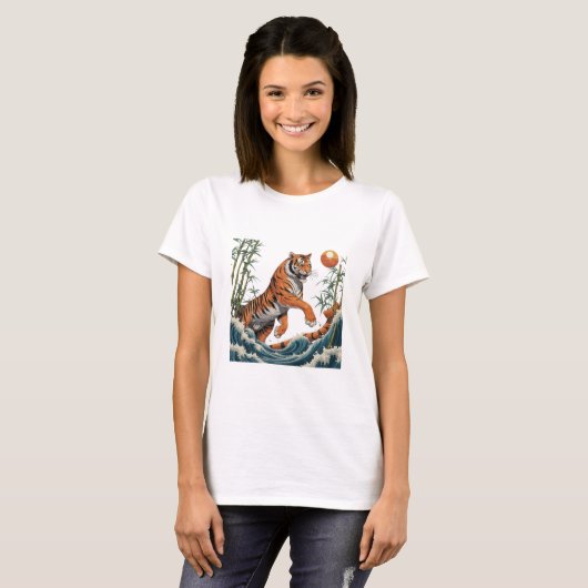 Tiger Wave Art - Ukiyo-e Bamboo Sunset Design Tシャツ (正面フル)