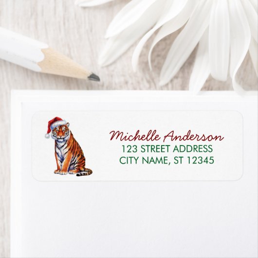 tiger with a Santa hat Christmas Return Address ラベル (インサイチュ)
