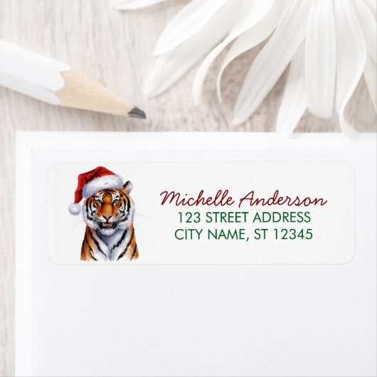 tiger with a Santa hat Christmas Return Address ラベル (インサイチュ)
