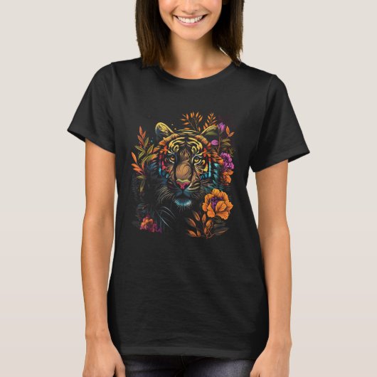 Tiger with Flowers Animal Floral  Girl Women Graph Tシャツ (正面)