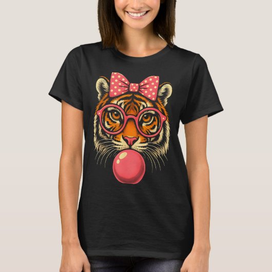Tiger With Gles Bubblegum And Bow Tシャツ (正面)