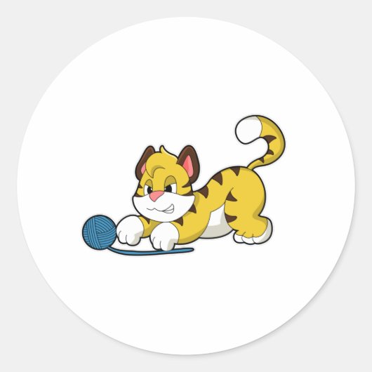 Tiger with Woll yarn ball ラウンドシール (正面)