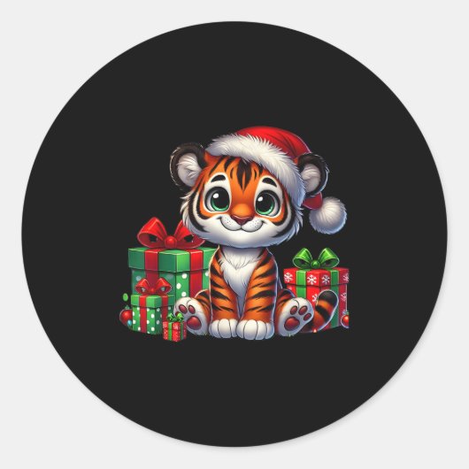 Tiger Xmas Lighting Santa Hat Tiger Christmas  ラウンドシール (正面)