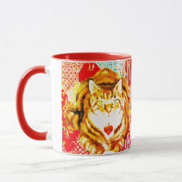 Tiger Yellow Cat Red Whimsical Background Mug マグカップ