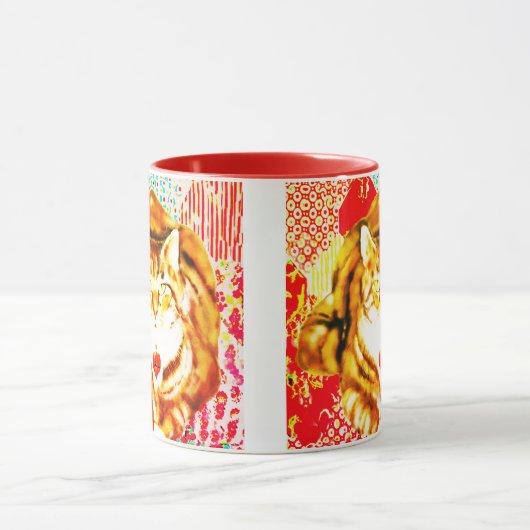 Tiger Yellow Cat Red Whimsical Background Mug マグカップ (中央)