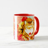 Tiger Yellow Cat Red Whimsical Background Mug マグカップ (正面右)